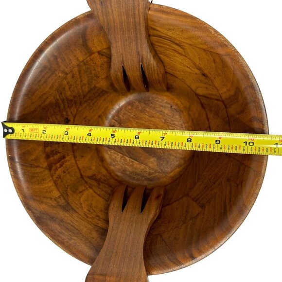 Vintage Burl Walnut 6 4 Salad Bowl With Hanging Utensils MCM Billings Missouri - Picture 12 of 12